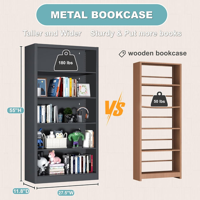 5 Tier Bookcase, 55" Tall Heavy Duty Metal Bookshelf, Free Standing Bookcase with Back Panel & 4 Adjustable Storage Shelves, Open Display Shelf for Bedroom Living Room Home Office (Black)