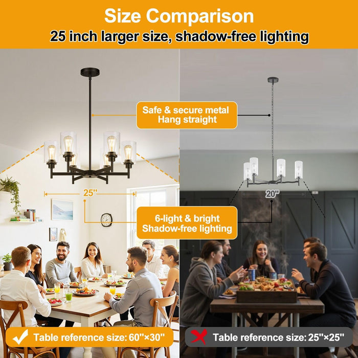 Black Chandeliers, 6 Light Dining Room Light Fixtures over Table, Farmhouse Chandeliers for Dining Room with Clear Glass Shade for Kitchen Island Living Room Bedroom Bathroom, Height Adjustable