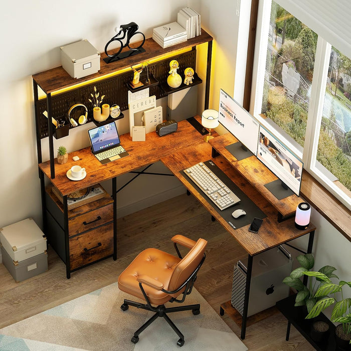 L Shaped Desk with Pegboard, Reversible Computer Desk with Drawers & Storage Shelves, Gaming Desk with LED Lights & Power Outlets, Office Desk with Monitor Stand Corner Desk Home Office Desks