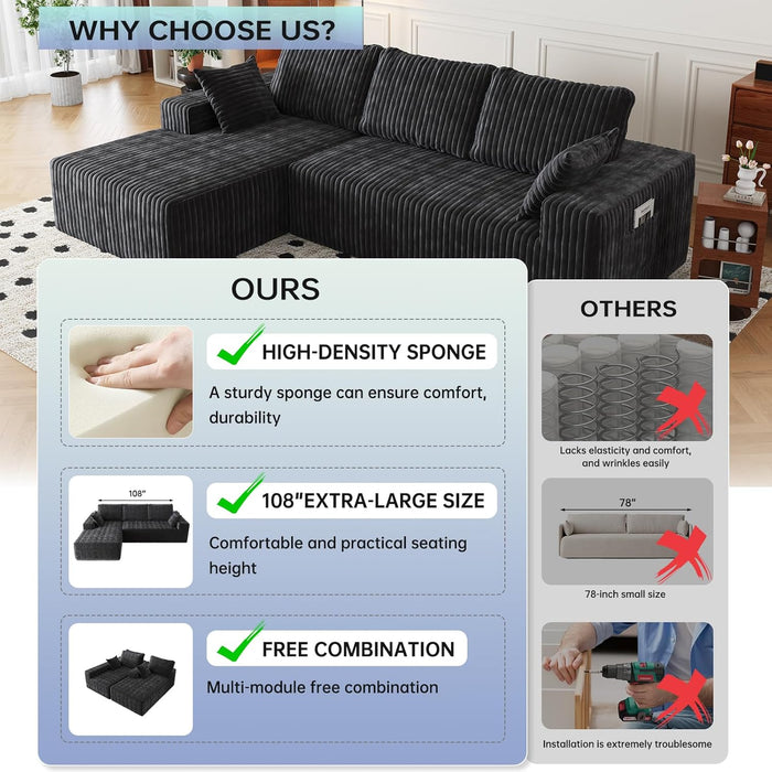 108-Inch Modular Sectional Couch With Oversized Chaise
