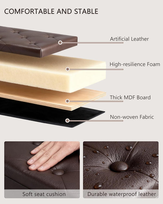 Storage Ottoman Bench, 43 Inches Folding Ottoman with 2 Dividers, PU Leather Foot Rest, End of Bed Bench, Storage Chest for Living Room, Bedroom and Entryway, Brown