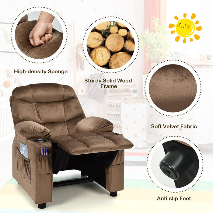 Kids Recliner Chair with Cup Holder, Adjustable Velvet Lounge Chair W/Footrest & Side Pockets for Children Boys Girls Room, Ergonomic Toddler Furniture Sofa, Kids Recliner (Brown)