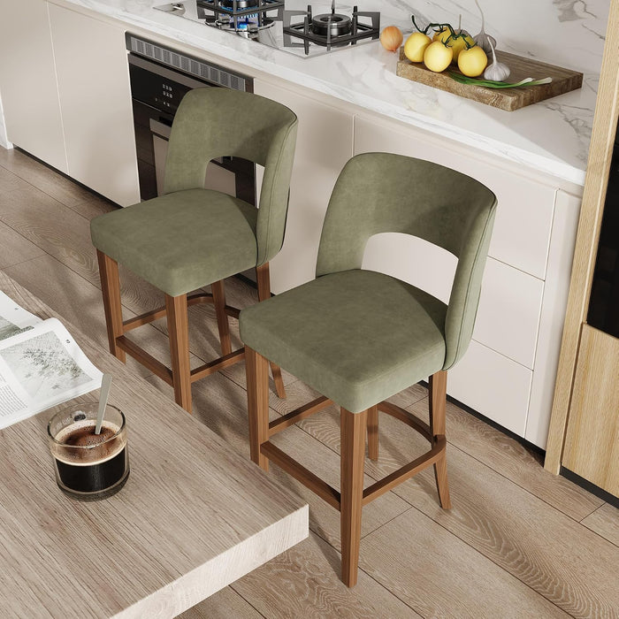 26 Inch Green Linen Bar Stool Set of 2 with Wooden Legs | Linen Fabric, Wood Legs, Ergonomic Barstools with Backrest , for Kitchen Island, Dining Room, Bar