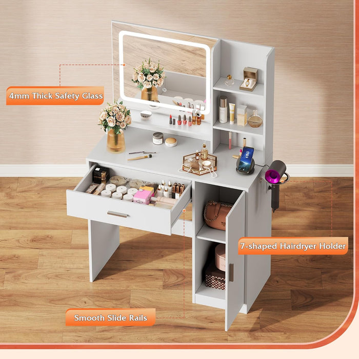 Vanity Desk with Mirror and Lights, Makeup Table with Drawer, Cabinet and Open Shelves, Bedroom Dressing Table with Charging Station, White