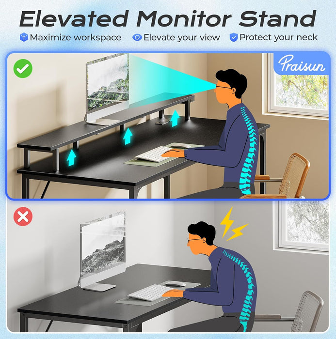 55 Inch Gaming Desk, LED & Power Outlets, Monitor Stand, Black