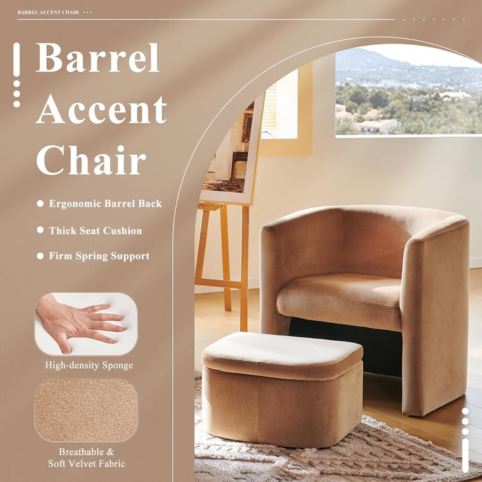 Morden Velvet Barrel Accent Chair with Storage Ottoman Set of 2, Upholstered Living Room Side Chair, Single Sofa Armchair with Lounge Seat for Bedroom/Office/Reading Spaces, Khaki