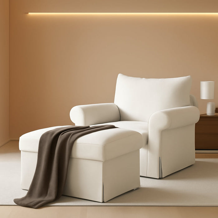 Modern Accent Chairs with Ottoman Set, Comfy Chenille Reading Armchair with Rolled Arms and Cushion Backrest, 35.8" W Single Living Room Chairs for Bedroom, Study, Apartment, Beige