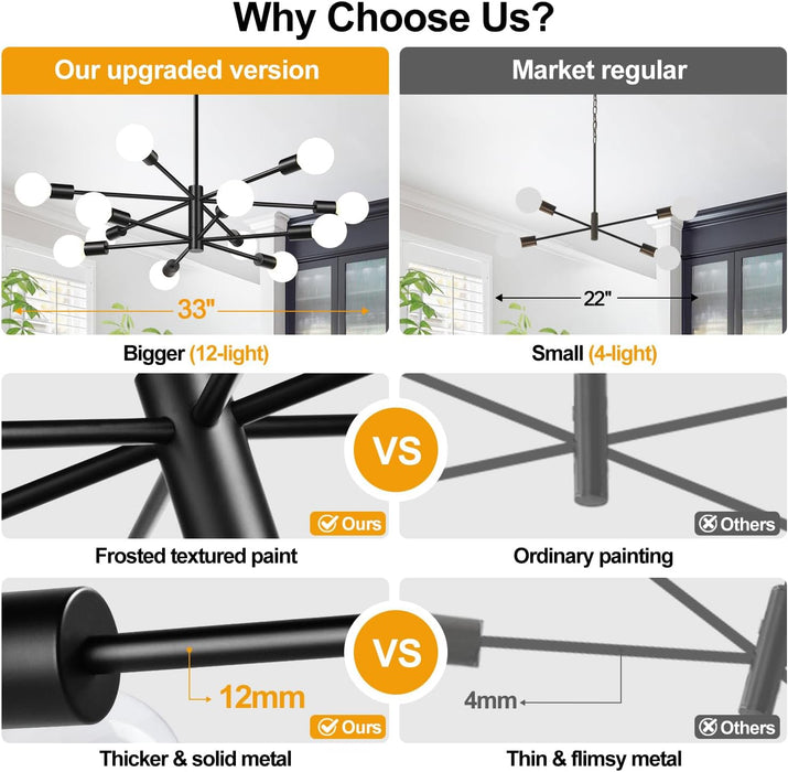 33" Modern Chandelier Ceiling Light Fixture, 12-Light Sputnik Chandeliers Matte Black Mid Century Chandelier over Table, Height Adjustable Chandeliers for Dining Room Living Room (Bulbs Not Included)
