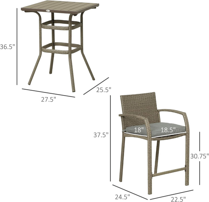 3 PCS Rattan Wicker Bar Set with Wood Grain Top Table and 2 Bar Stools for Outdoor, Patio, Poolside, Garden, Grey