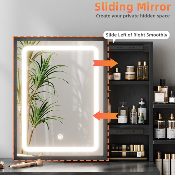 Black Makeup Vanity Desk with Sliding Mirror & 4 Drawers | Smart LED Mirror, 3 Adjustable Lighting Modes, Vanity Chair, 4 Drawers, 7 Shelves, Dressing Table for Women, Girls