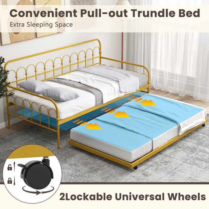 Twin Size Golden Metal Daybed with Trundle and Lockable Wheels