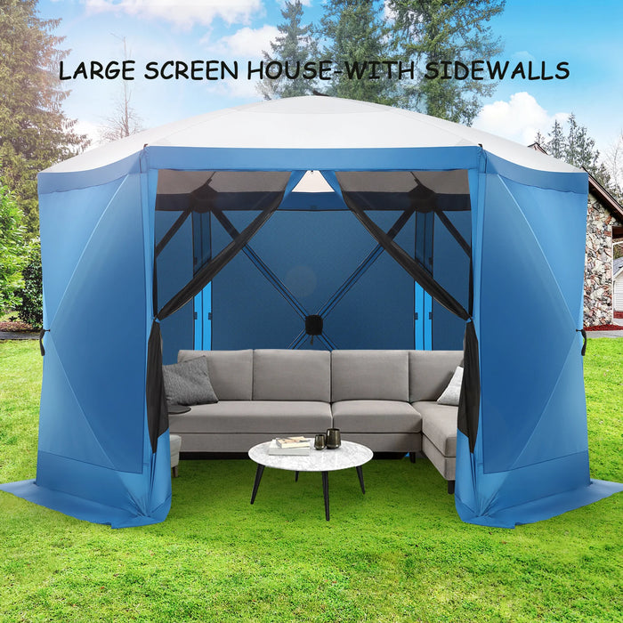 12X12 Pop up Canopy Gazebo, Outdoor Canopy Tent Screen House with 6 Sidewalls and Netting for Camping, Waterproof, UV Resistant, Ez Set-Up Party Tent with Carrying Bag and Ground Stakes,Blue