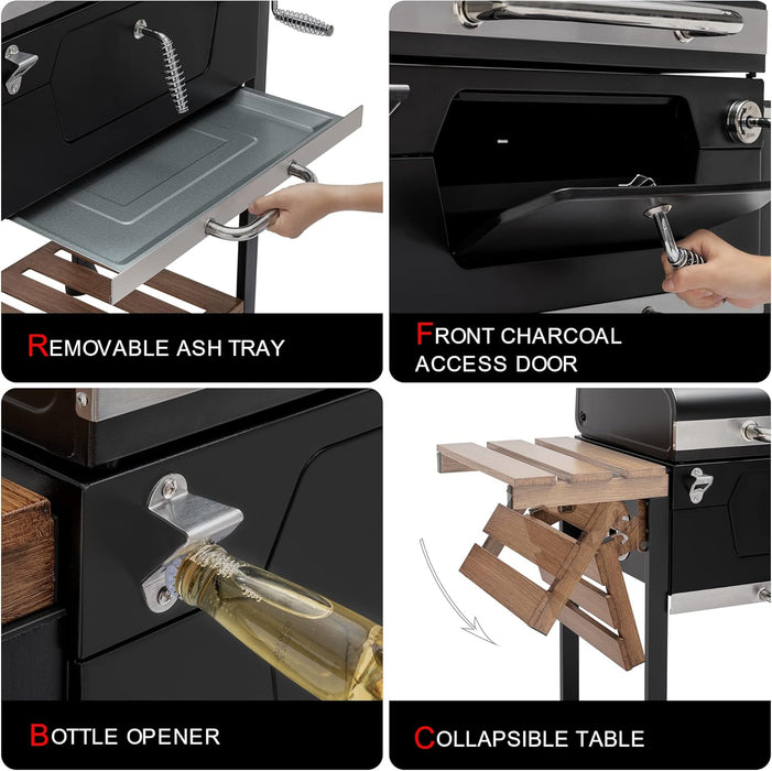 CD1824M 24-Inch Charcoal Grill, BBQ Smoker with Handle and Folding Table, Perfect for Outdoor Patio, Garden and Backyard Grilling, Black, Medium