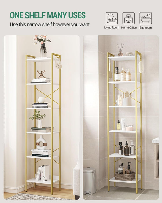Bookshelf, Book Shelf, Industrial Bookcase with 2 Hooks, Coner Shelf Storage Organizer for Home Office, Living Room, Bedroom, Kitchen, 6-Tier White-Gold BC10713G