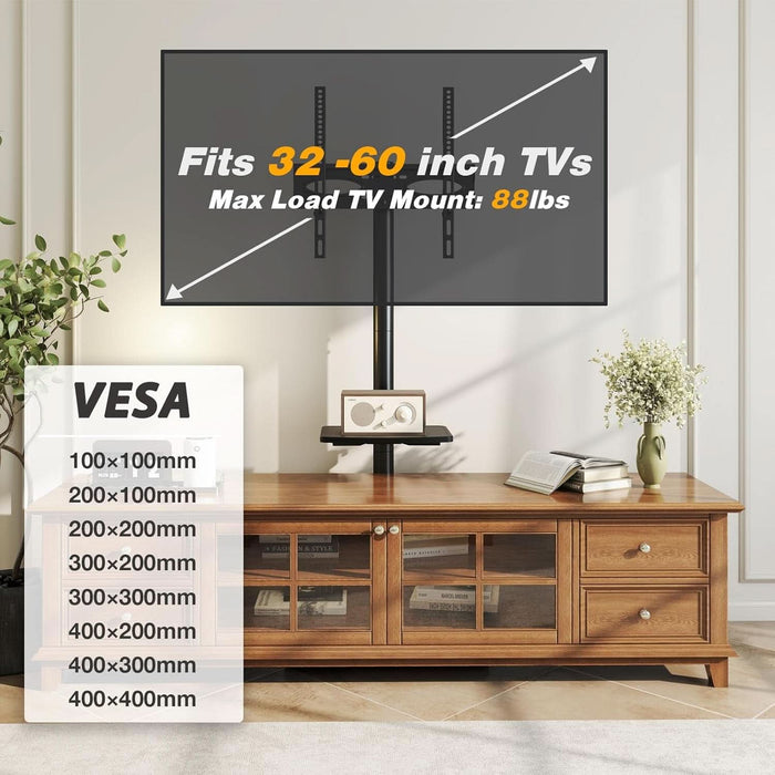 Floor TV Stand with Power Outlet, TV Mount Stand for 32-60 Inch Tvs up to 88 Lbs, Swivel TV Stand Mount with Height Adjustment and Safety Wood Base for Office, Corner, Max VESA 400X400Mm