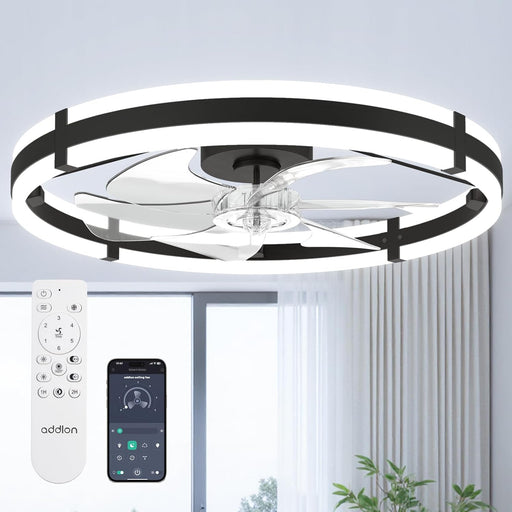 24'' Ceiling Fans with Lights and Remote, Low Profile Flush Mount Ceiling Fan with Light, 3000-6000K Dimmable LED Fandelier, Modern Small Black Ceiling Fan for Bedroom, Kitchen, Living Room