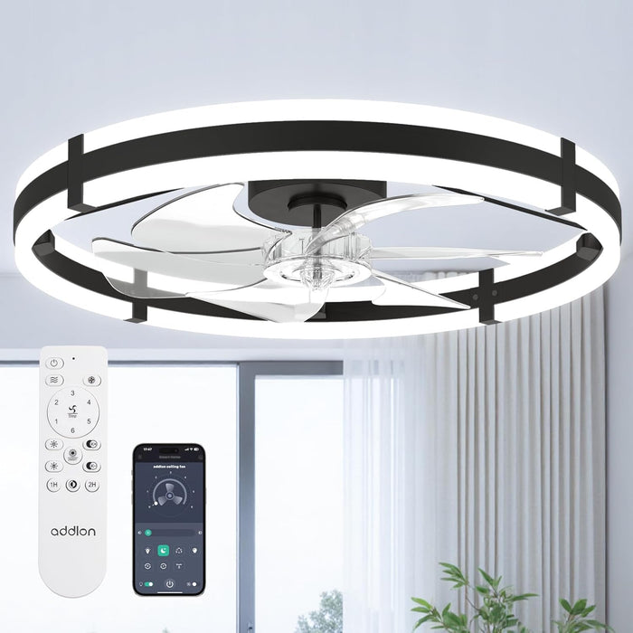 24'' Ceiling Fans with Lights and Remote, Low Profile Flush Mount Ceiling Fan with Light, 3000-6000K Dimmable LED Fandelier, Modern Small Black Ceiling Fan for Bedroom, Kitchen, Living Room