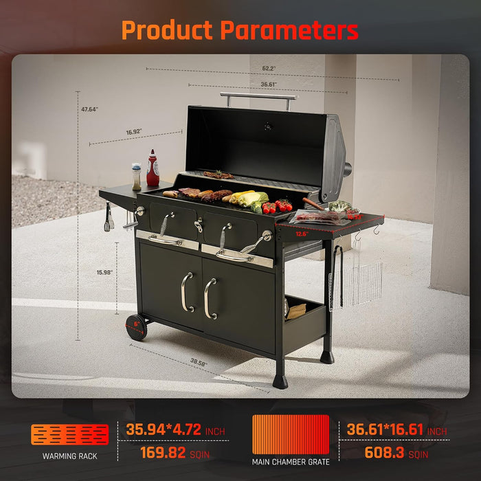Charcoal Grills,36" Outdoor Barbecue Grill,Heavy Duty Dual-Zone BBQ Smoker Grill with 2 Lifting Charcoal Trays,Foldable Side Tables,Oversized Cooking Area for Bbq,Yard,Party,Garden
