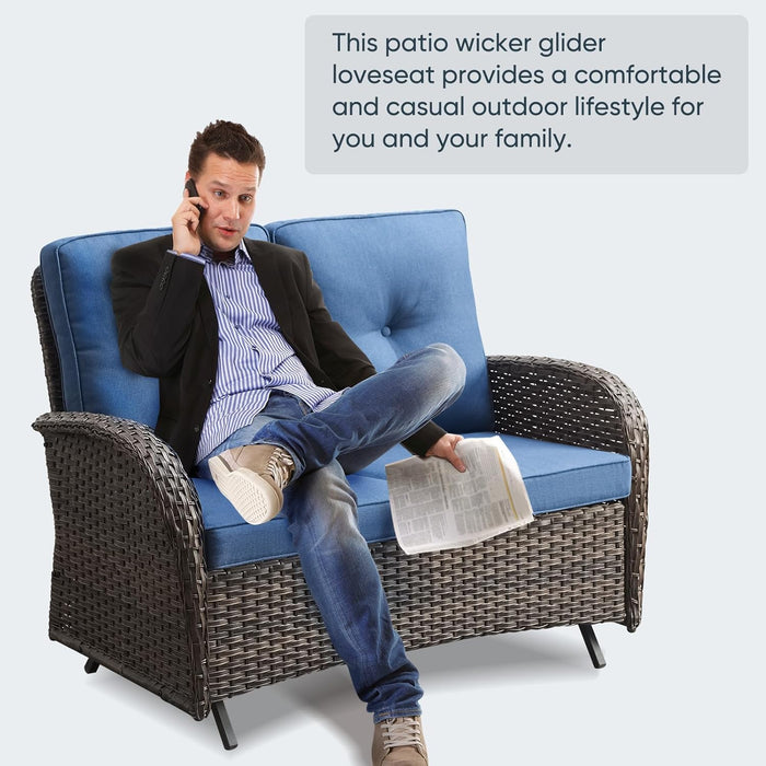 6 Piece Patio Conversation Sets - Wicker Patio Furniture Sets with Outdoor Swivel Rocker Chairs, Glider Loveseat Perfect for Patio Deck Backyard, Brown Wicker Blue Cushion