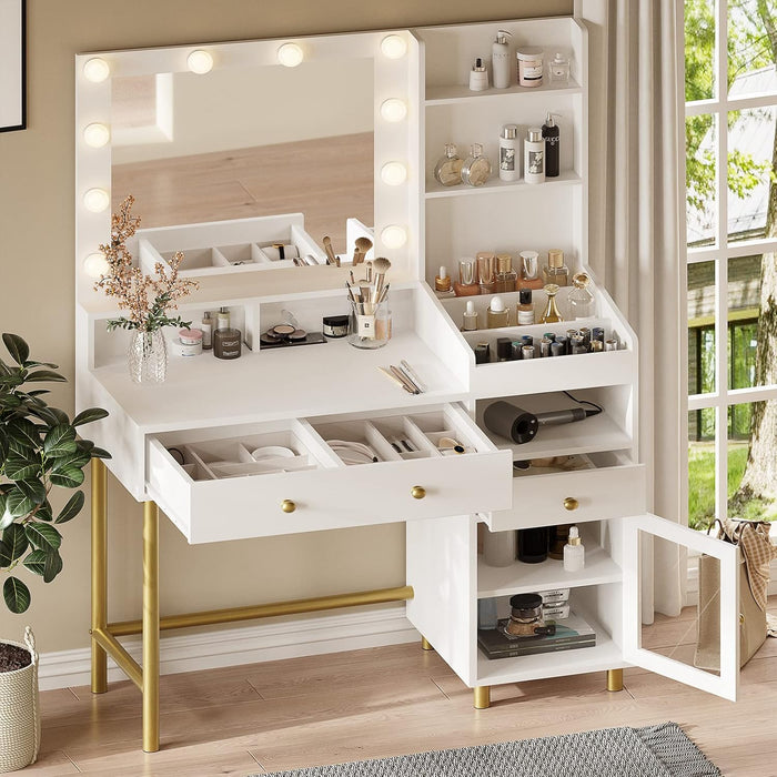 Makeup Vanity with Lights in 3 Colors, Vanity Desk with Mirror and Lights, White Makeup Table with Charging Station, Makeup Desk with Unique Separation Design