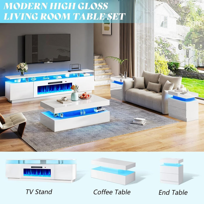 Fireplace TV Stand with 36" Fireplace, 70" Modern Fireplace Entertainment Center LED Lights, 2 Tier TV Console Cabinet for Tvs up to 80", White & White