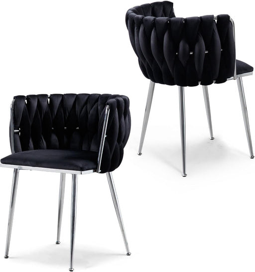 Velvet Dining Chairs Set of 2, Woven Upholstered Side Chairs with Silver Metal Legs, Modern Accent Leisure Chairs Kitchen & Dining Room Chair for Bedroom Living Room, Black
