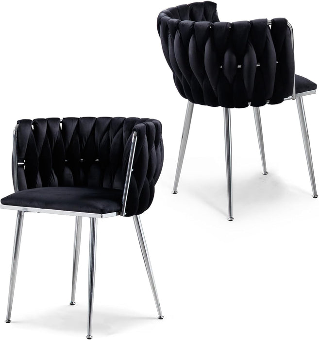 Velvet Dining Chairs Set of 2, Woven Upholstered Side Chairs with Silver Metal Legs, Modern Accent Leisure Chairs Kitchen & Dining Room Chair for Bedroom Living Room, Black