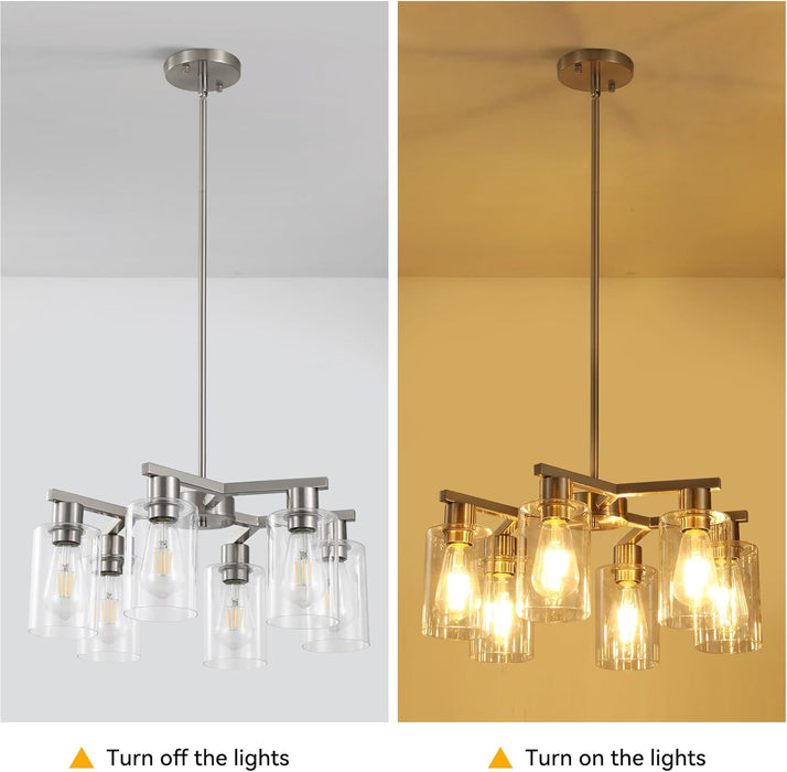6-Light Modern Farmhouse Brushed Nickel Chandelier, Dining Room Light Fixture over Table Adjustable Height Hanging Industrial Pendant Lights Kitchen Island, Clear Glass Shade