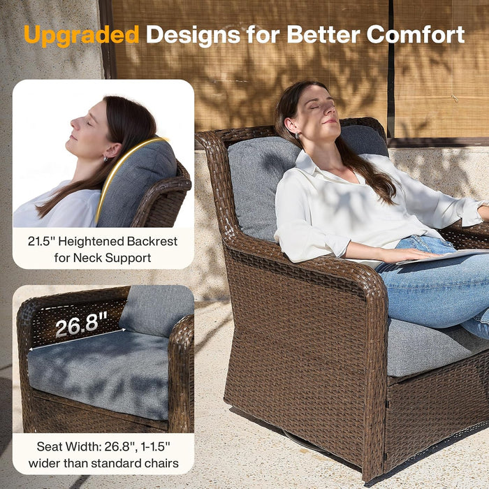 360° Swivel Wicker Patio Chair Set of 2, Handwoven PE Rattan, 5.5" Thick Olefin Cushions, Weatherproof Conversation Seating for Porch Deck Backyard, Brown/Gray