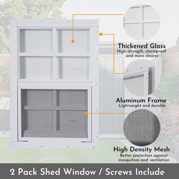 2 Pack 12'' X 18'' Shed Windows, Household Windows with Tempered Glass and Fiberglass Screen, Flush Mount Small Window for Playhouse, Garage, Chicken Coop, White