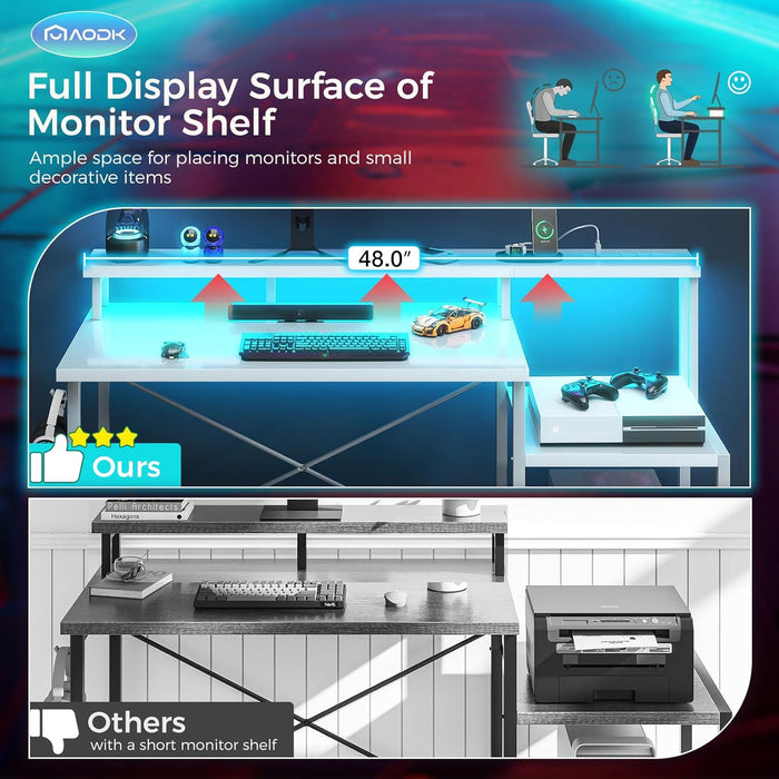 Computer Desk, 48 Inch Gaming Desk with Led Lights & Power Outlet, Office Desk with Printer Storage Shelves, Reversible Desk with Monitor Shelf & Headphone Hook, White