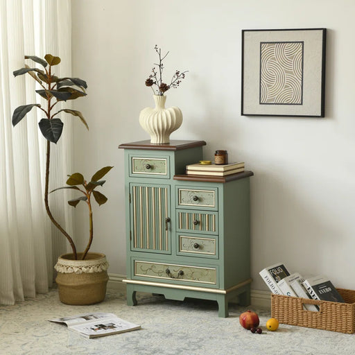 Fienley Farmhouse 1-Door Carved Wood Accent Chest with 5-Drawers, Sage Green Cabinet,Rustic Brown Top