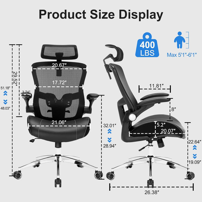 Big and Tall Office Chair, 400Lbs Heavy Duty Ergonomic Desk Chair with Soft 3D Modeling Foam Cushion Home Office Desk Chairs with Adjustable Headrest Seat Height Executive Computer Task Chair