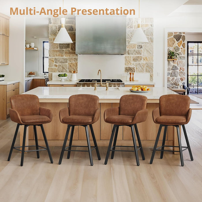 26" Swivel Bar Stools Set of 3, Counter Height Bar Stools with Backrest and Arms, Modern Upholstered Barstools with Metal Legs for Kitchen Island, Brown