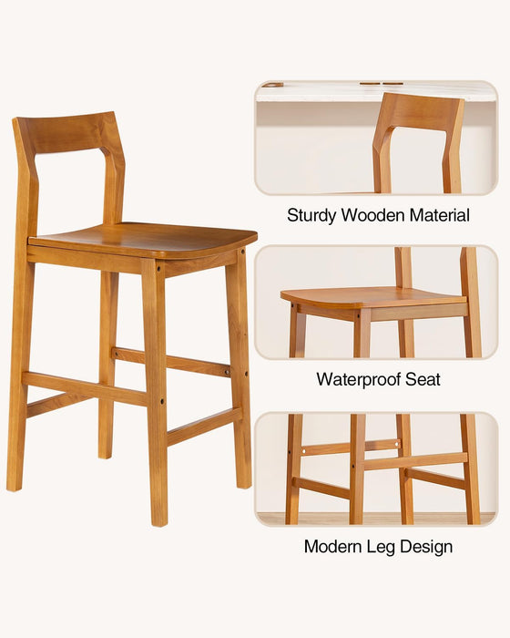 Wood Bar Stools Set of 3, Counter Height Barstools Armless Farmhouse Wooden Bar Dining Chairs with Back & Footrest for Kitchen Island Cafe Pub, Dark Oak