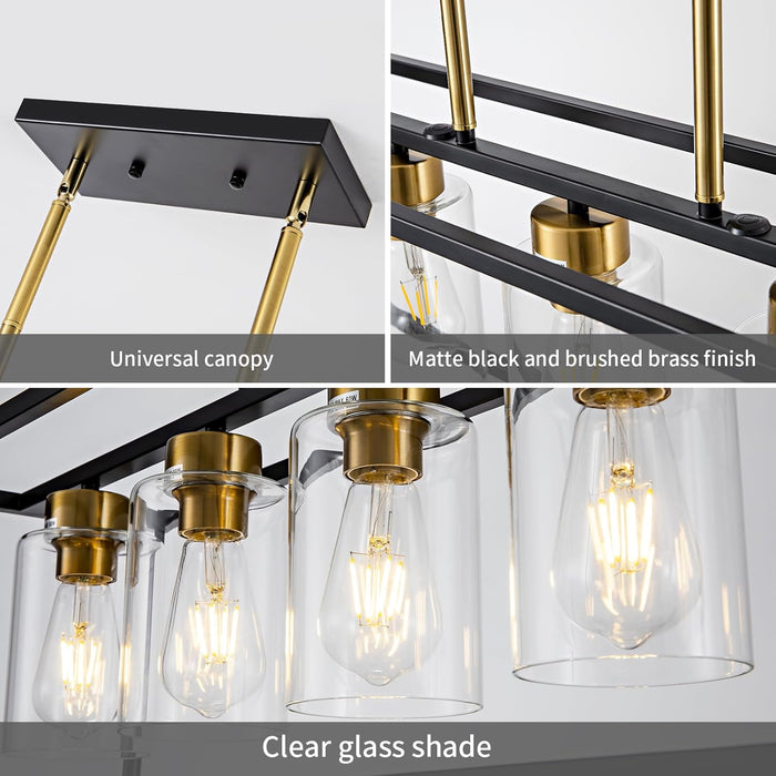 6 Lights Modern Dining Room Light Fixtures over Table Black & Brushed Brass Gold Farmhouse Chandelier Rectangular Pendent Lighting for Kitchen with Glass Shade Long Linear Industry Hanging Light