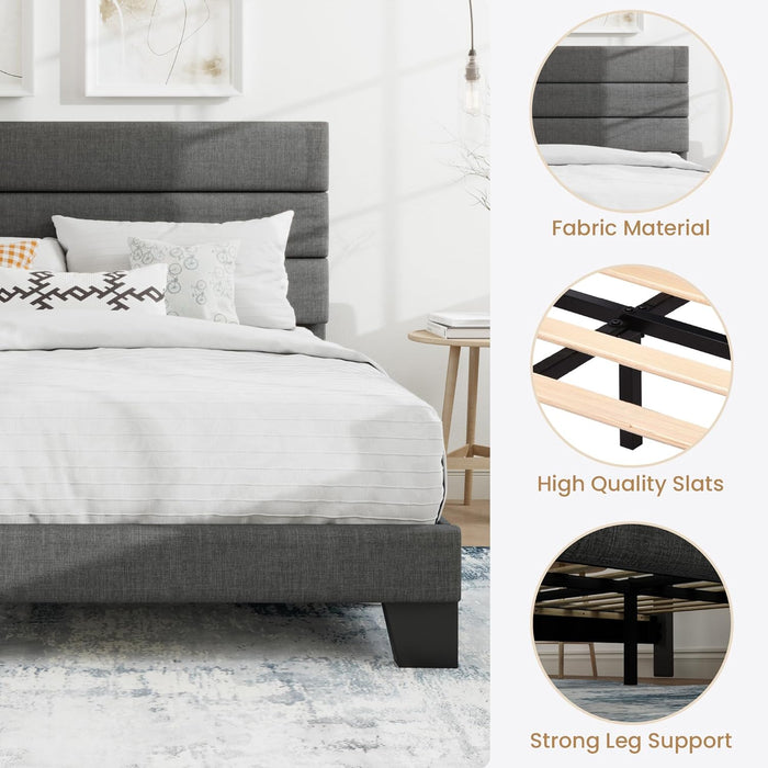 Full Platform Bed Frame with Upholstered Fabric Headboard, Mattress Foundation with Strong Wooden Slats Support, No Box Spring Needed, Grey