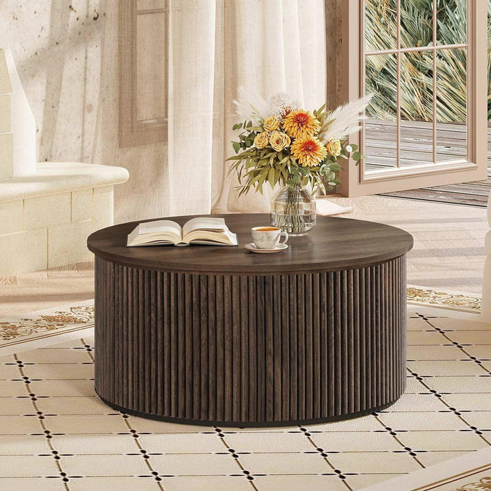round Coffee Table, Fluted Woodern Center Table with Storage, Mid-Century Modern Cocktail Tables for Small Space, Living Room, Bedroom (31.5 Inch, Dark Walnut)