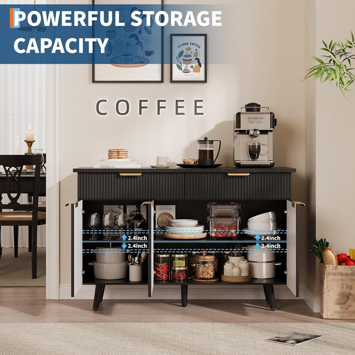 47 in Sideboard Buffet Cabinet, Wood Storage Cabinet with 3 Fluted Doors, Adjustable Shelves and 2 Drawers, Coffee Bar Accent Credenza for Living Room, Dining Room- Black