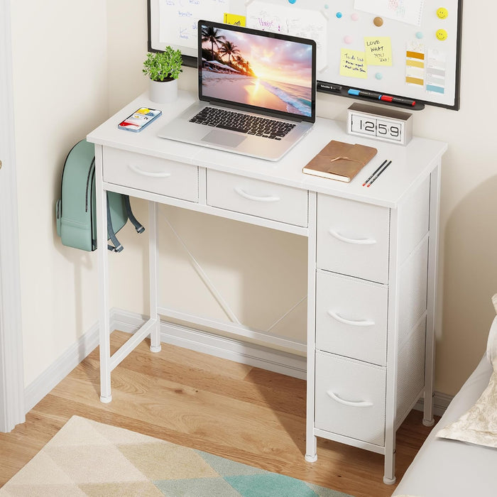 33" Small Computer Desk with 5 Fabric Drawers, White, 14.2" D