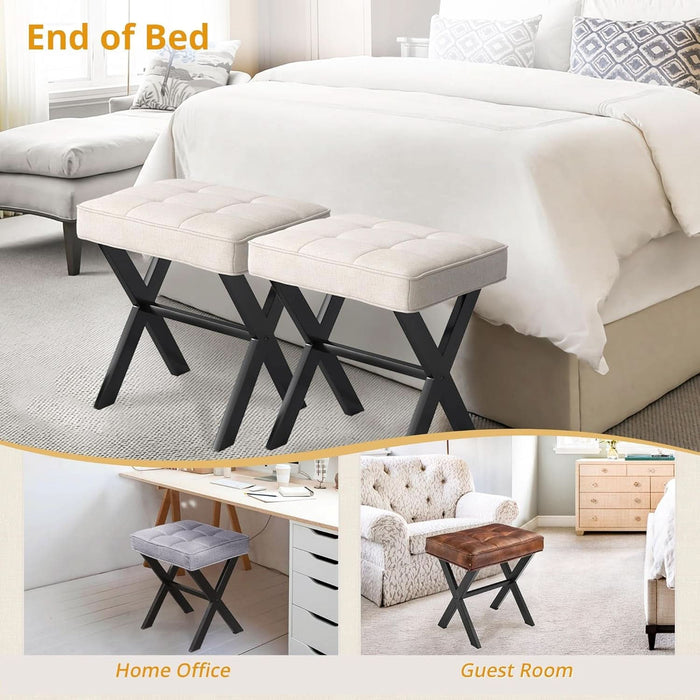 Ottoman Foot Stool Vanity Stool, Square Linen X-Leg Foot Rest Ottoman Makeup Stool, Small Stool Chair for Vanity, Modern Padded Vanity Seat for Makeup Room, Living Room, Bathroom, Linen Color