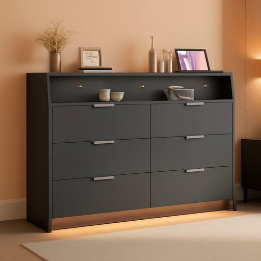 53'' Wide 9 Drawer Dresser for Bedroom, Wood TV Stand Dresser with Power Outlets & LED Light, Chest of Drawers Closet Store Organizer for Living Room, Hallway, Black