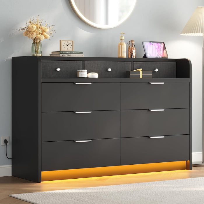 53'' Wide 9 Drawer Dresser for Bedroom, Wood TV Stand Dresser with Power Outlets & LED Light, Chest of Drawers Closet Store Organizer for Living Room, Hallway, Black