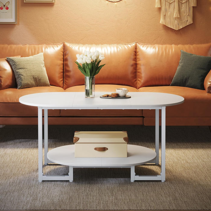 Coffee Table for Living Room, Oval Small Coffee Table with 2-Tier Open Storage Shelf, Industrial Cocktail Tea Table, Wooden Desktop Center Table, Farmhouse, Home Office, White WW09KF01
