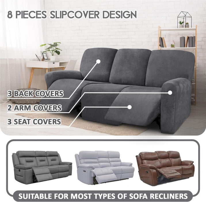 Velvet 8-Pieces Recliner Sofa Covers Stretch Reclining Couch Covers for 3 Cushion Reclining Sofa Slipcovers Furniture Covers Thick Soft Washable (3 Seater Recliner Cover, Dark Gray)