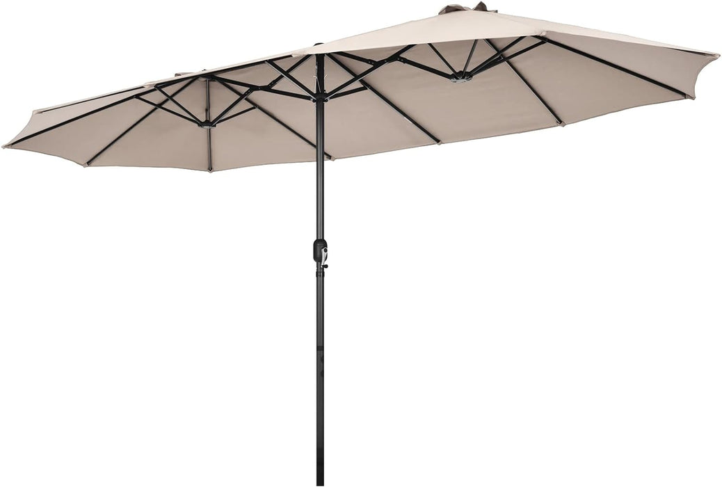 15Ft Double-Sided Patio Umbrella, Outdoor Extra Large Umbrella W/Hand-Crank System & Air Vents, Market Twin Umbrella W/ 12-Rib Sturdy Metal Frame for Poolside, Garden Backyard (Beige)