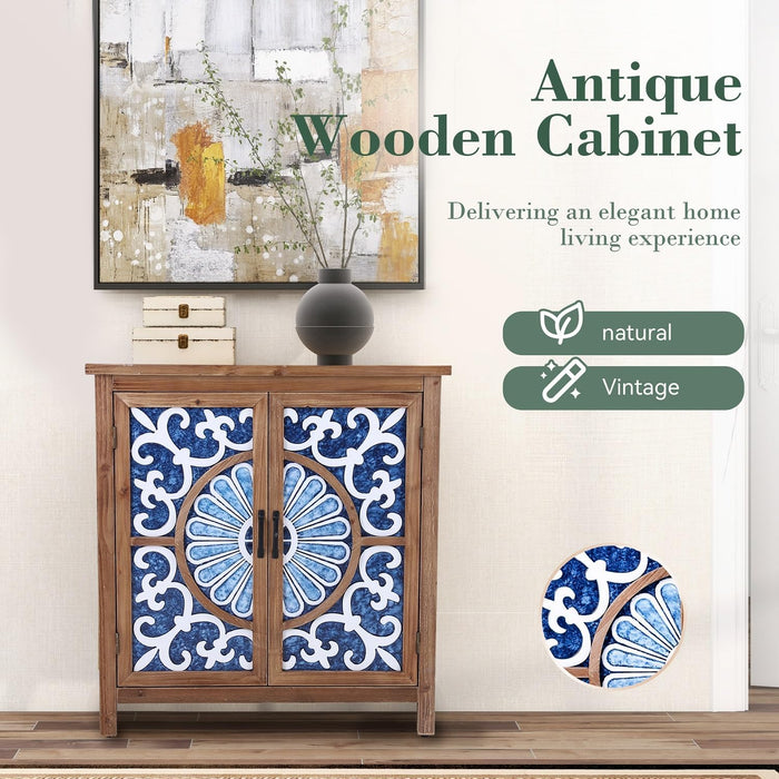 Accent Storage Cabinet with 2 Doors, Wood Distressed Porcelain Front Buffet Sideboard Storage Cabinets Display Cabinet for Living Room Entryway Kitchen, Wood and Blue