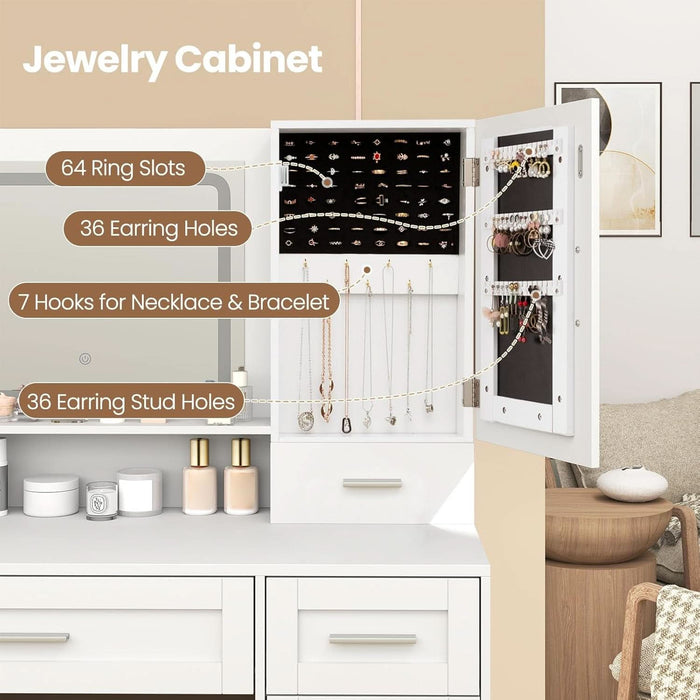 Vanity Desk with Mirror and Lights, Jewelry Storage Cabinet, Farmhouse White Makeup Vanity Desk with Charging Station, 3 Drawers, 3 Lighting Modes, Bedroom Vanity Dressing Table with Stool
