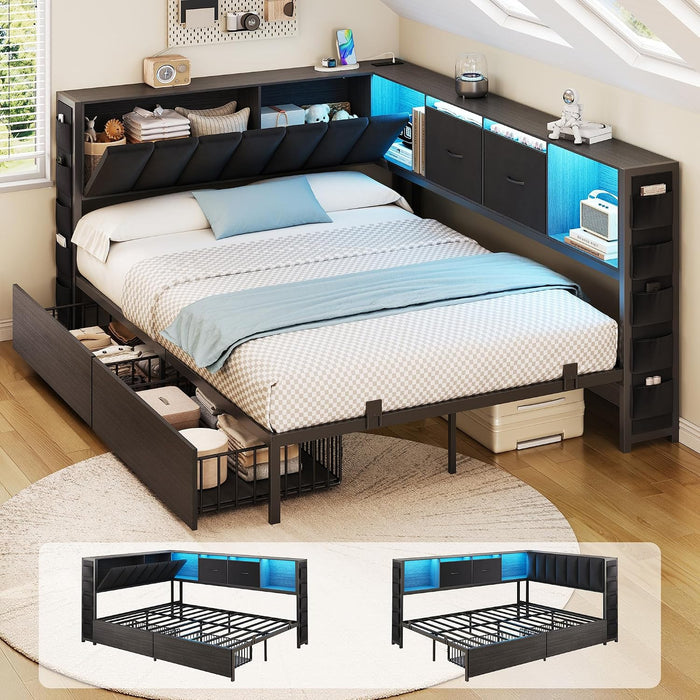 Full Corner Bed Frame with Upholstered Storage Headboard and Drawers, Metal Platform Bed Frame with LED Light and Charging Station, Full Daybed for Living Room, Bedroom & Guest Room, Black