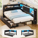 Full Corner Bed Frame with Upholstered Storage Headboard and Drawers, Metal Platform Bed Frame with LED Light and Charging Station, Full Daybed for Living Room, Bedroom & Guest Room, Black